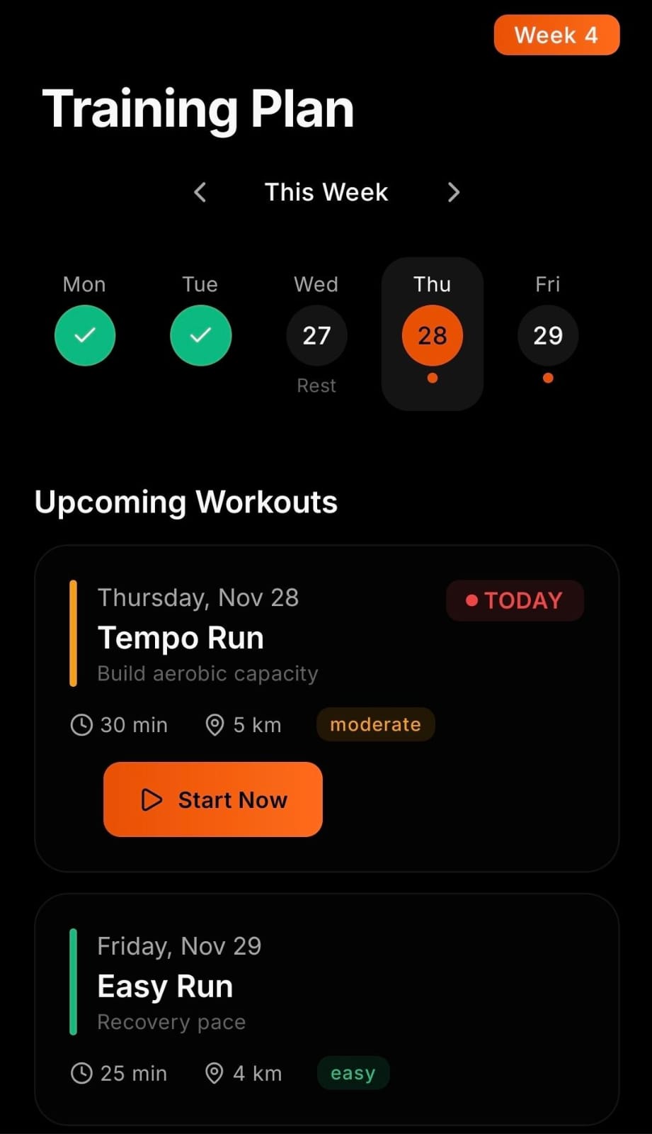 KINETIC AI training plan screen: an adaptive weekly plan with completed sessions and upcoming workouts