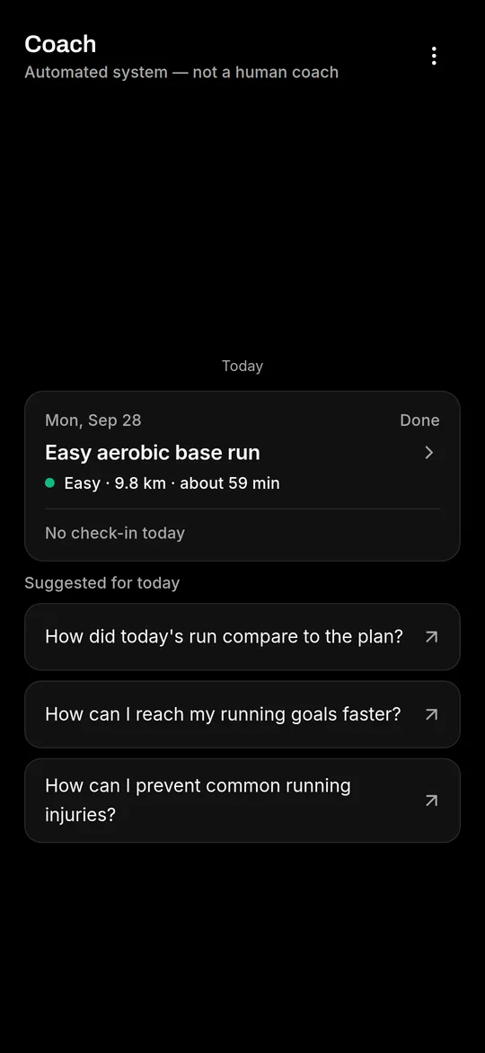 KINETIC AI coach screen, labelled “Automated system, not a human coach”, with suggested questions.