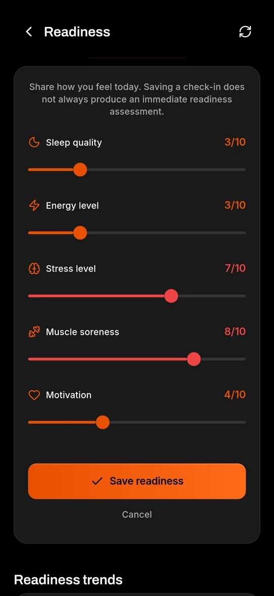 KINETIC AI readiness check-in with sliders for sleep, energy, stress, soreness and motivation.