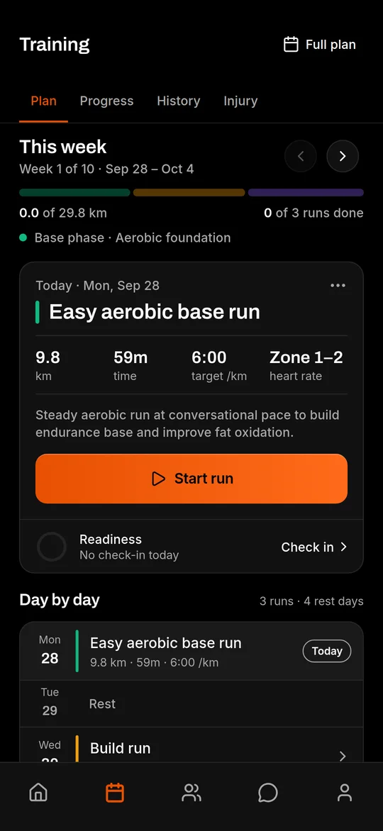 KINETIC AI training screen: this week of a 10-week plan, with today’s easy aerobic base run